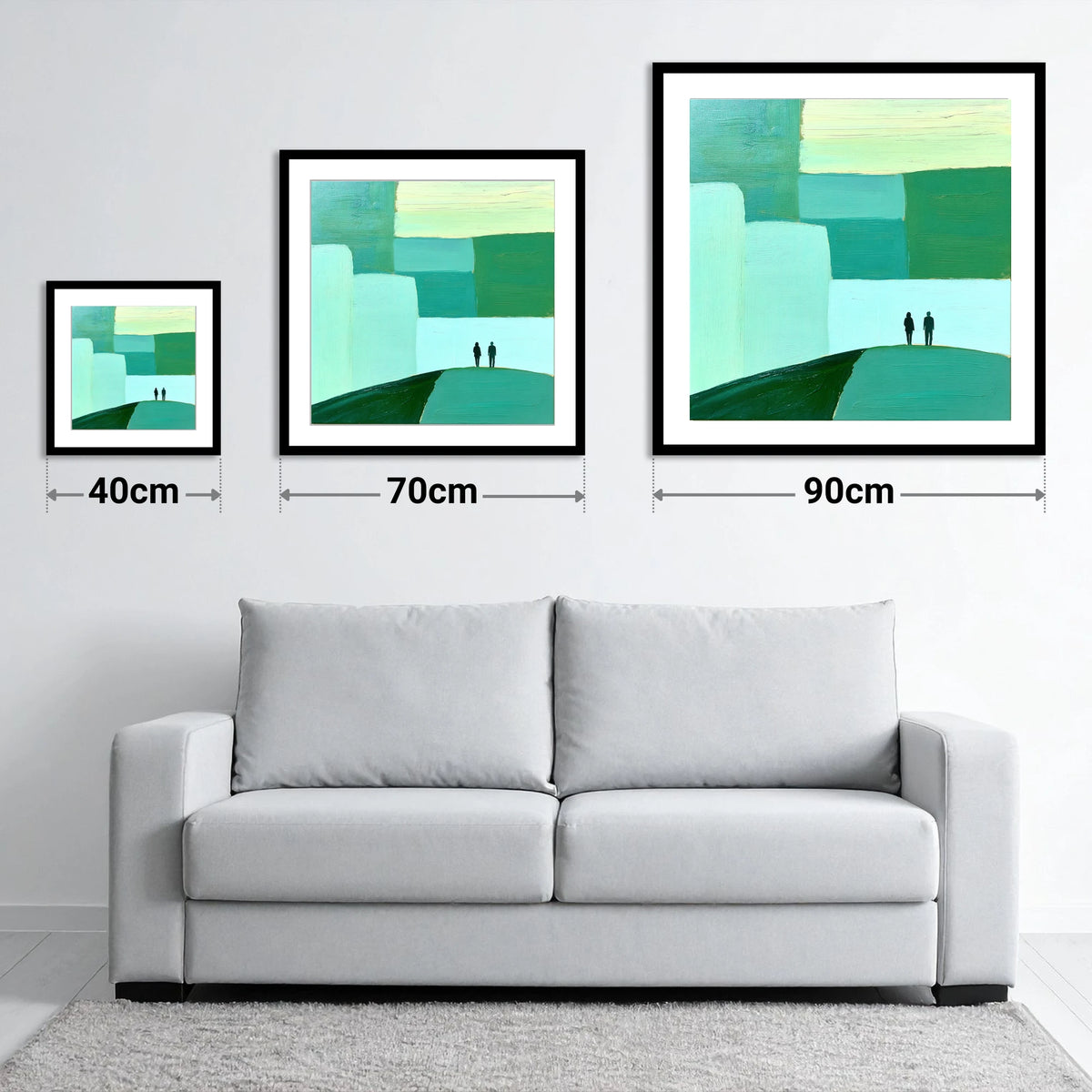 Abstract Green Fell Top Hikers - size guide showing 40cm, 70cm and 90cm art prints