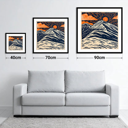 Blencathra With Terracotta Sunburst - size guide showing 40cm, 70cm and 90cm art prints