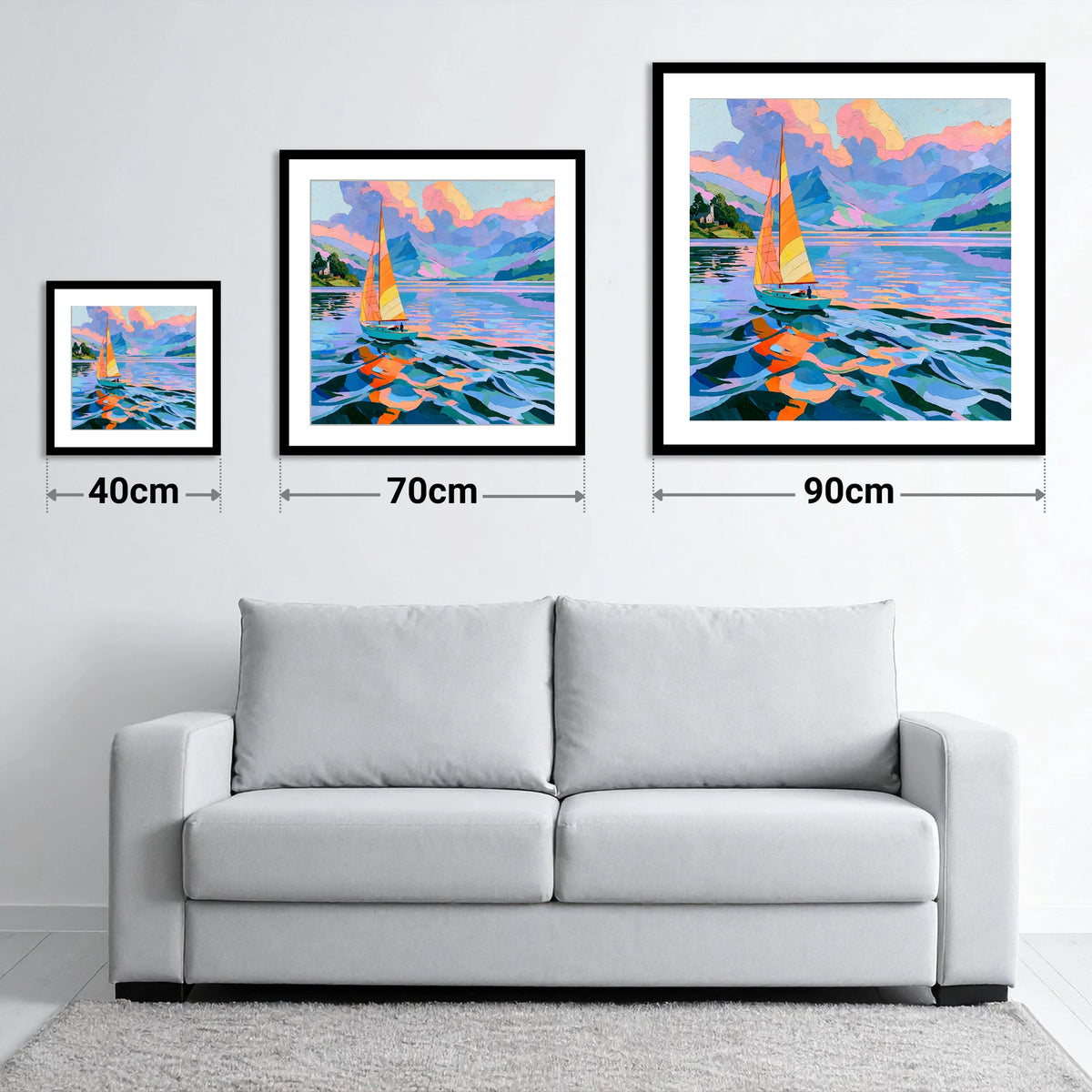 Vibrant Sailboat on Breezy Lake - size guide showing 40cm, 70cm and 90cm art prints