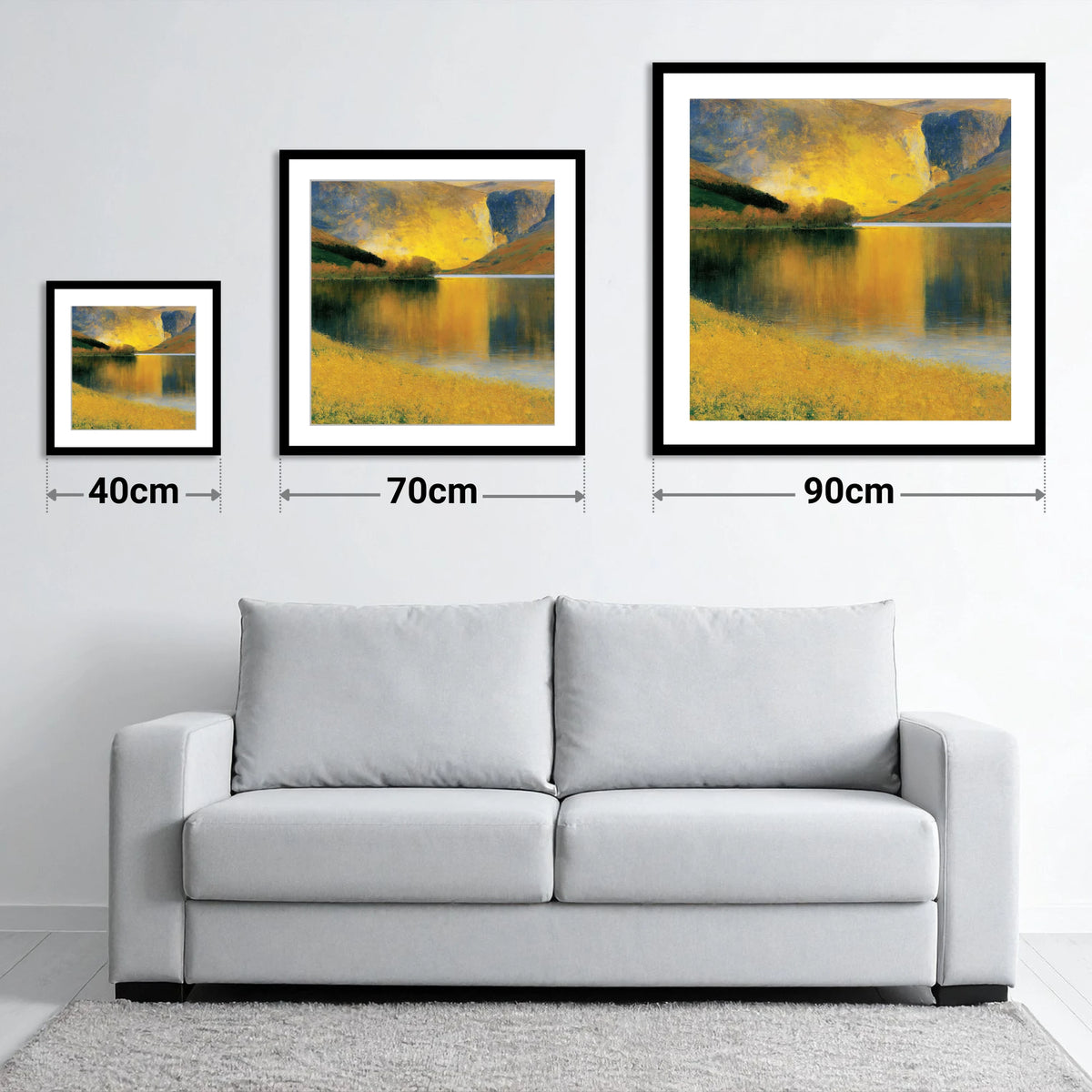 Luminous Fells by the Lake - size guide showing 40cm, 70cm and 90cm art prints