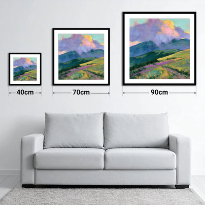 Rolling Fells Under Luminous Clouds - size guide showing 40cm, 70cm and 90cm art prints