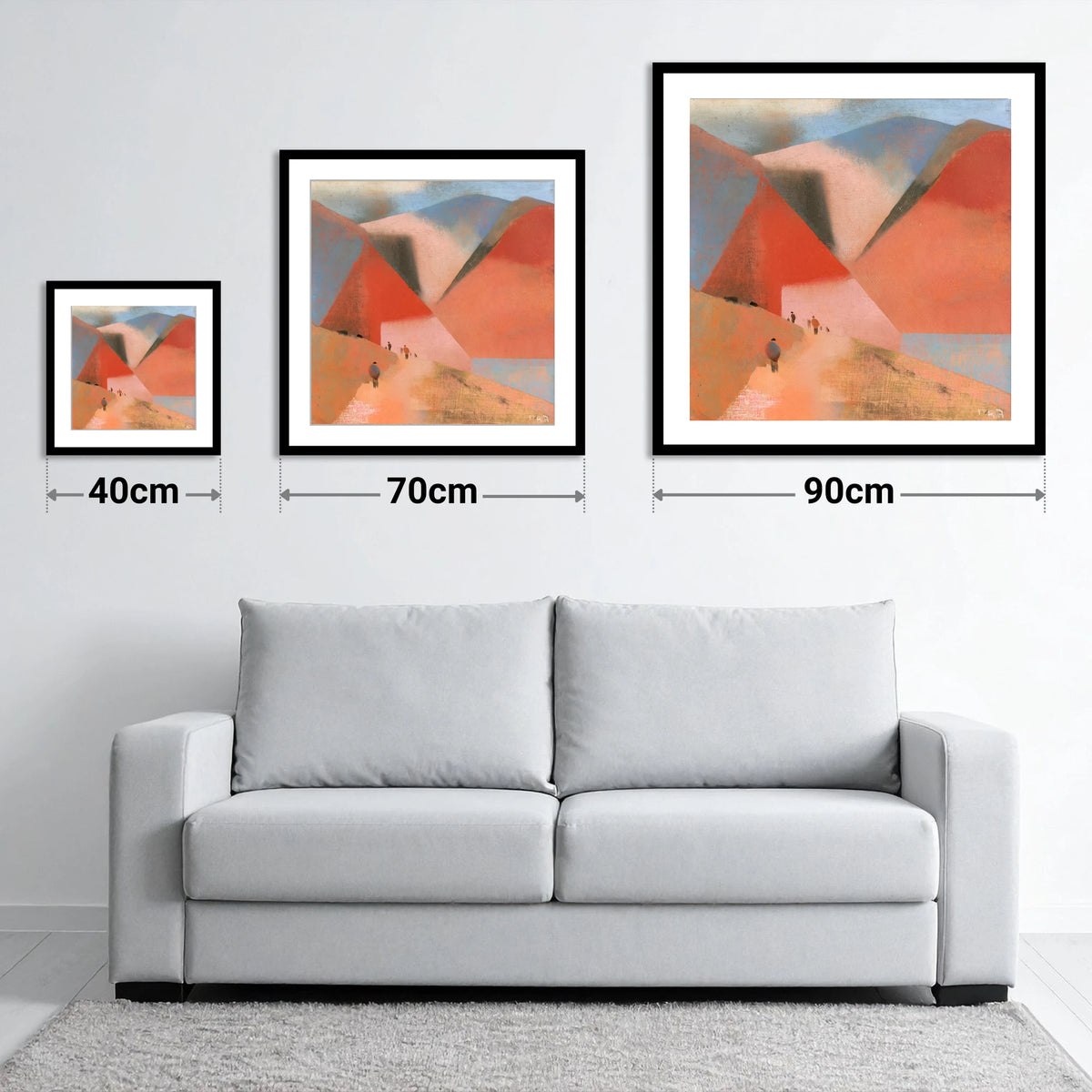 Terracotta Fells and Mountain Walkers - size guide showing 40cm, 70cm and 90cm art prints