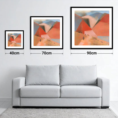 Terracotta Fells and Mountain Walkers - size guide showing 40cm, 70cm and 90cm art prints