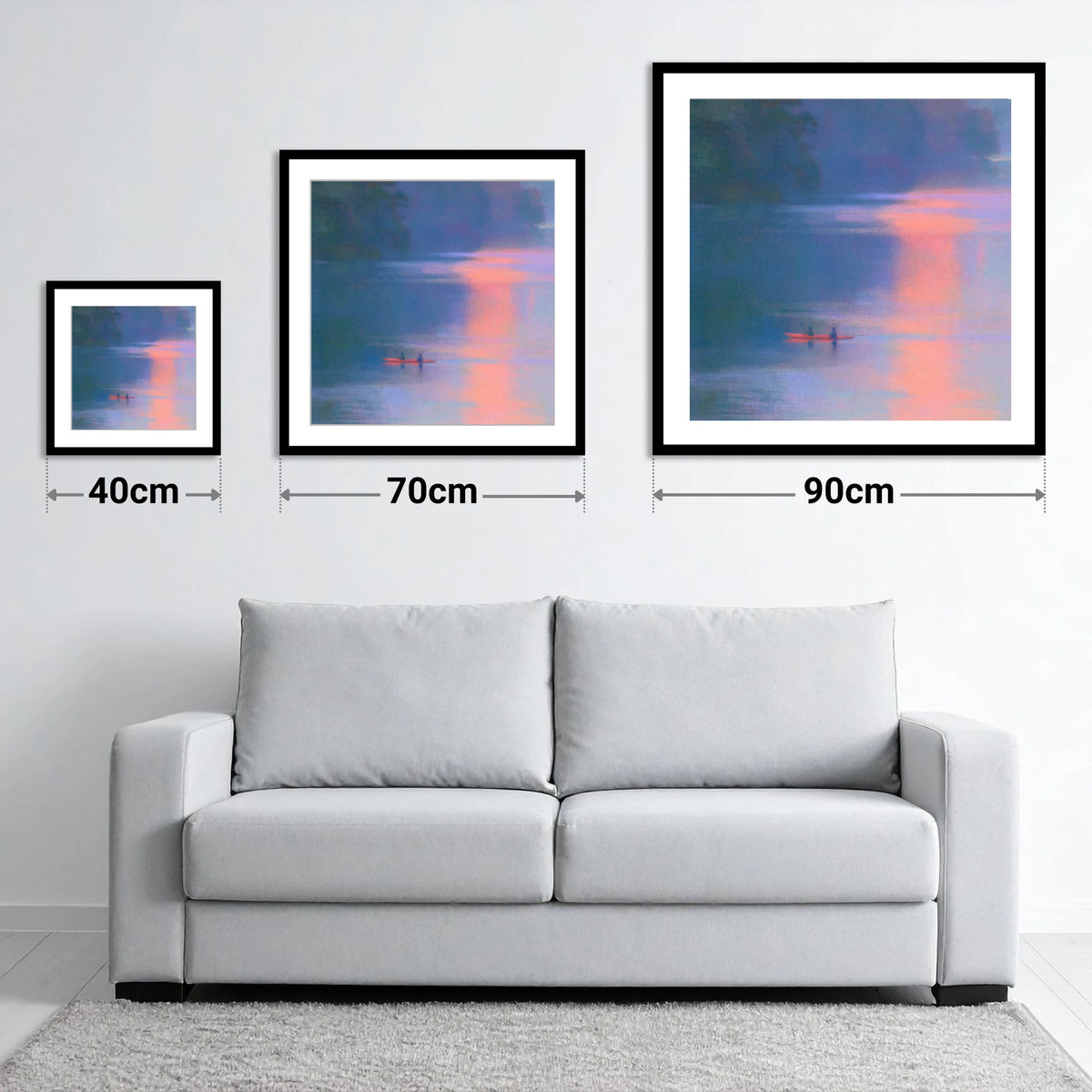 Lake Kayaking in Pink Evening Light - size guide showing 40cm, 70cm and 90cm art prints