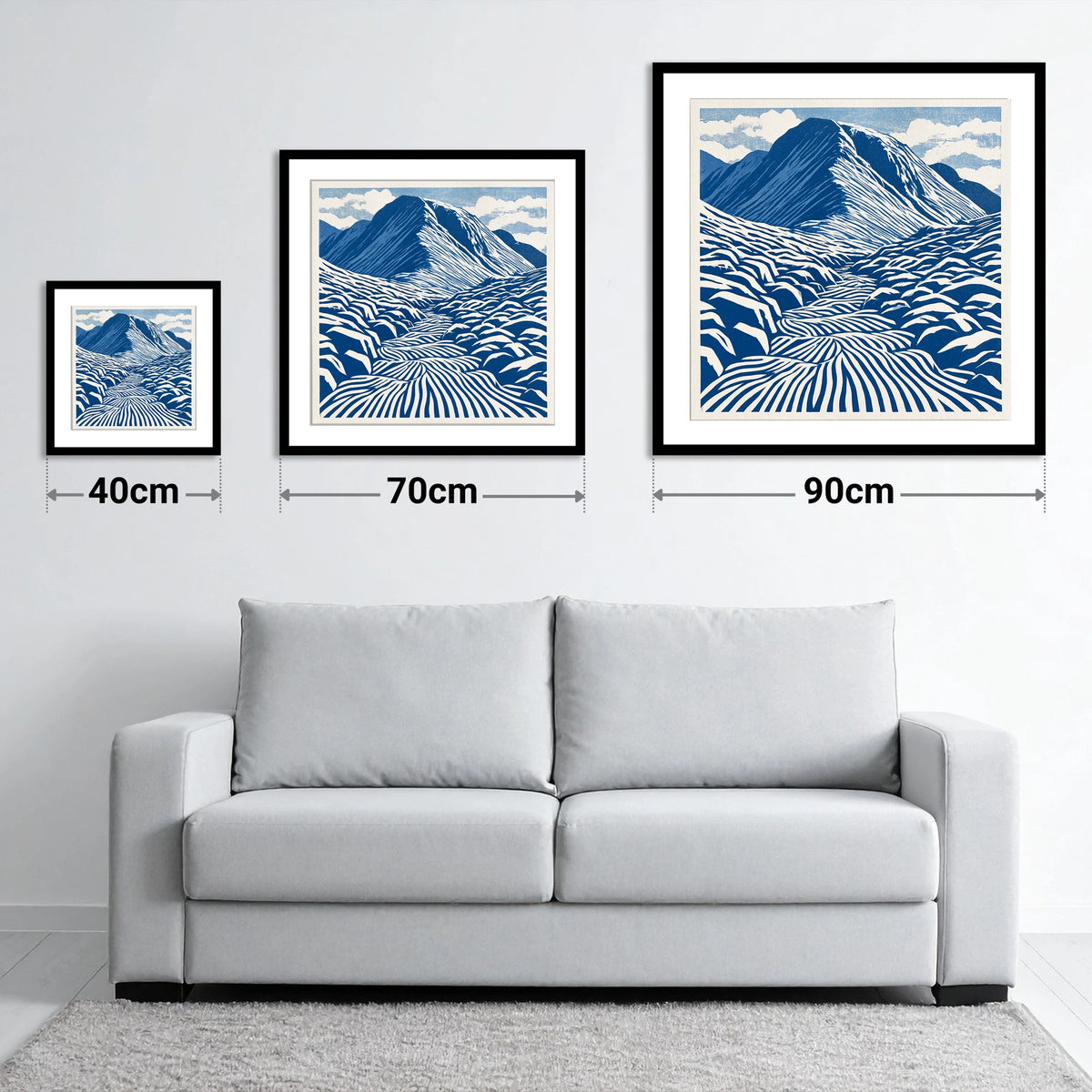 Bold Blue Great Gable - size guide showing 40cm, 70cm and 90cm art prints