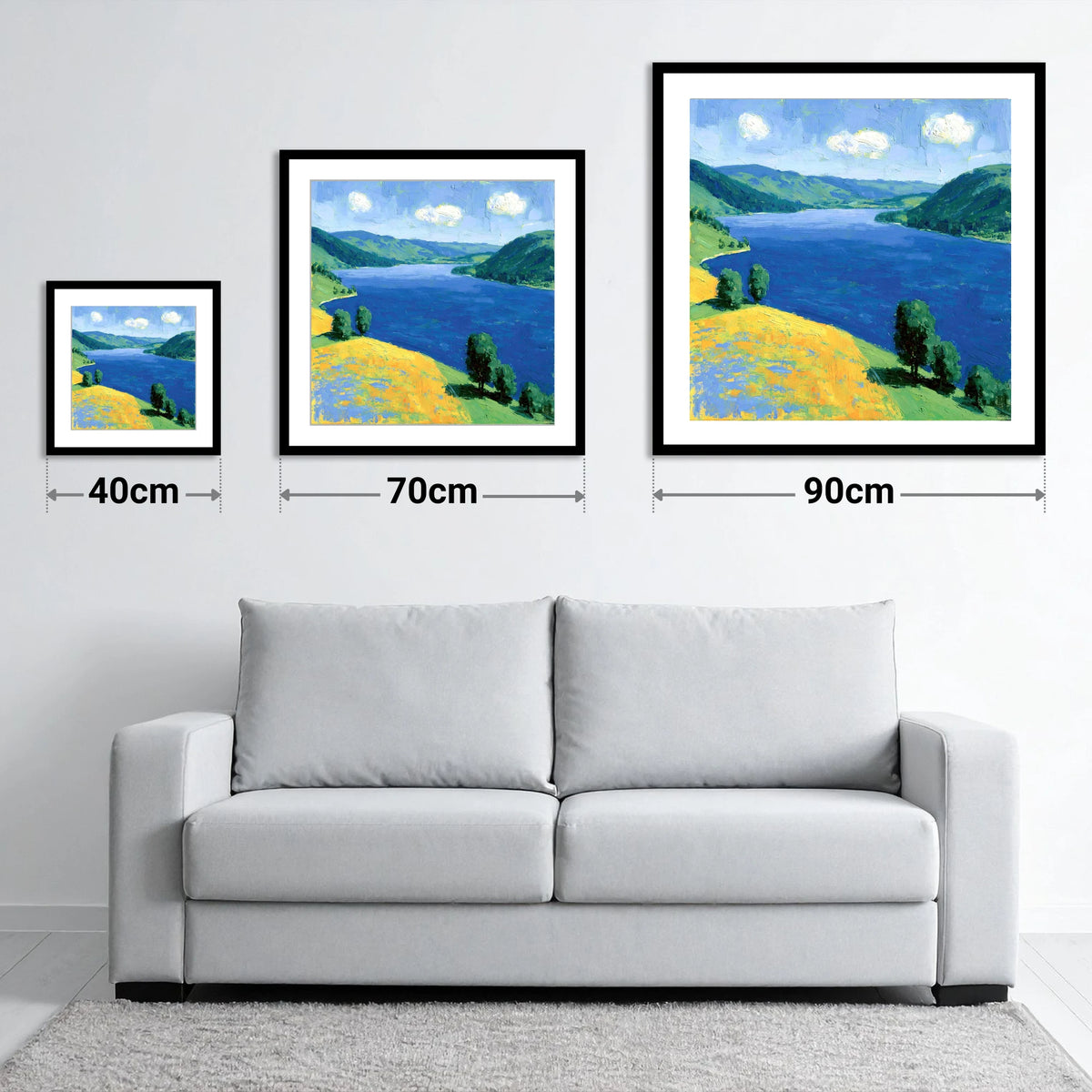 Deep Blue Lake and Sunlit Fells - size guide showing 40cm, 70cm and 90cm art prints