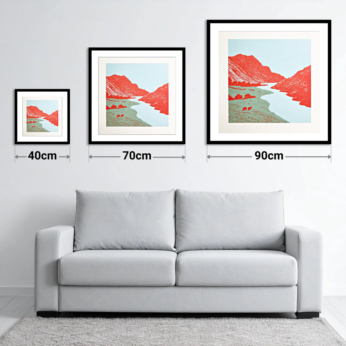 Eskdale Valley in Vivid Red - size guide showing 40cm, 70cm and 90cm art prints