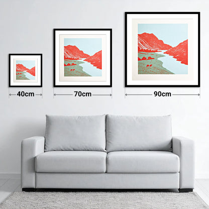 Eskdale Valley in Vivid Red - size guide showing 40cm, 70cm and 90cm art prints