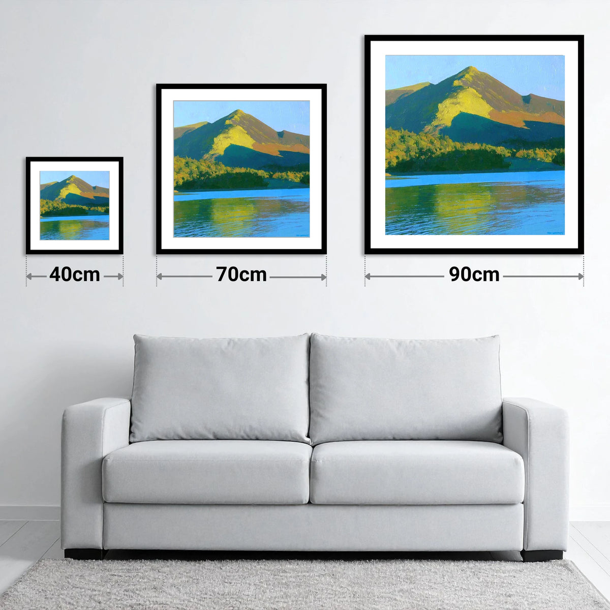 Sunlit Causey Pike Ridge - size guide showing 40cm, 70cm and 90cm art prints