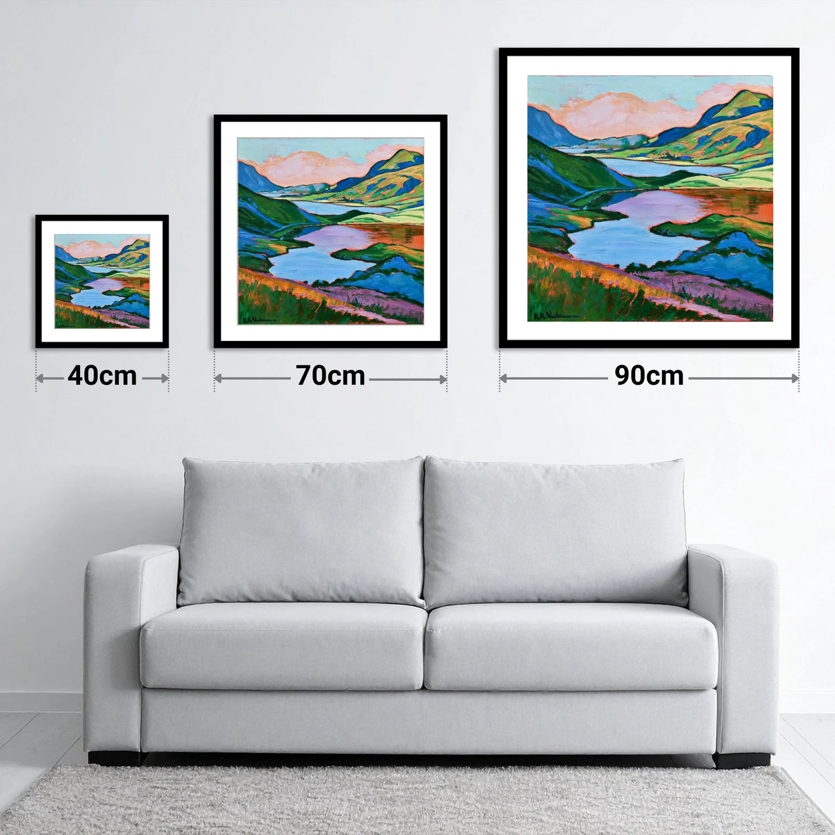 Colourful Fells Above the Lake - size guide showing 40cm, 70cm and 90cm art prints