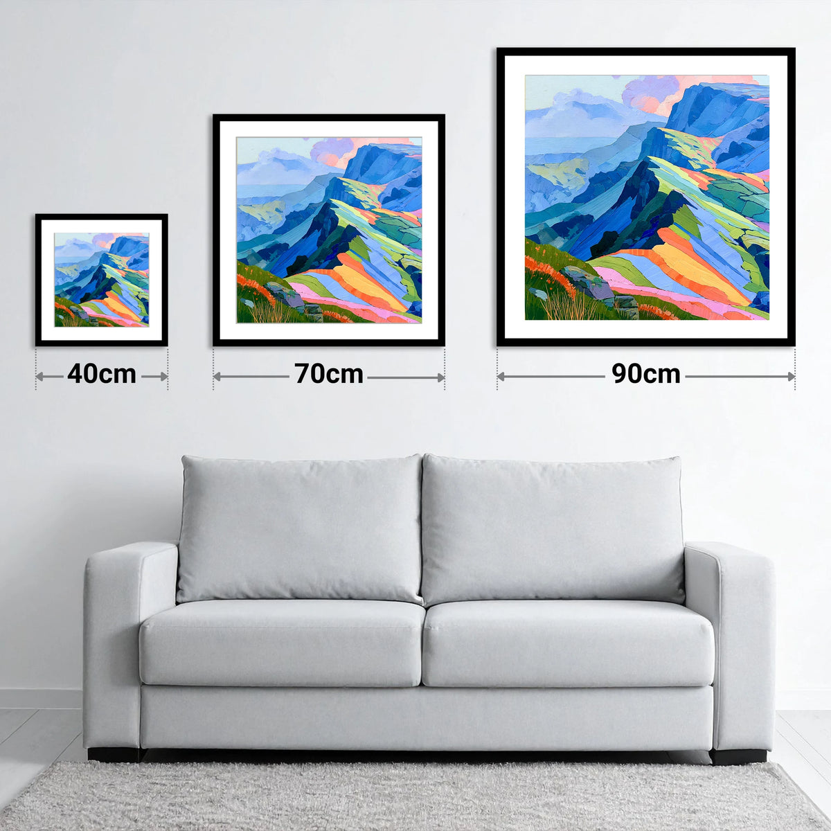 Vivid Hues On Misty Ridge - size guide showing 40cm, 70cm and 90cm art prints