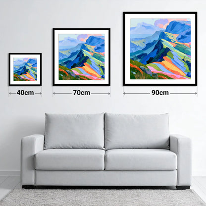 Vivid Hues On Misty Ridge - size guide showing 40cm, 70cm and 90cm art prints