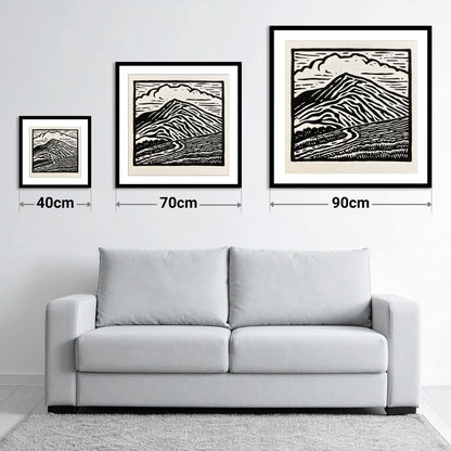 Black and White Blencathra Fell - size guide showing 40cm, 70cm and 90cm art prints