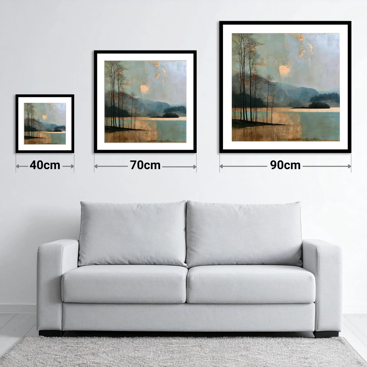 Grasmere Island in Golden Light - size guide showing 40cm, 70cm and 90cm art prints