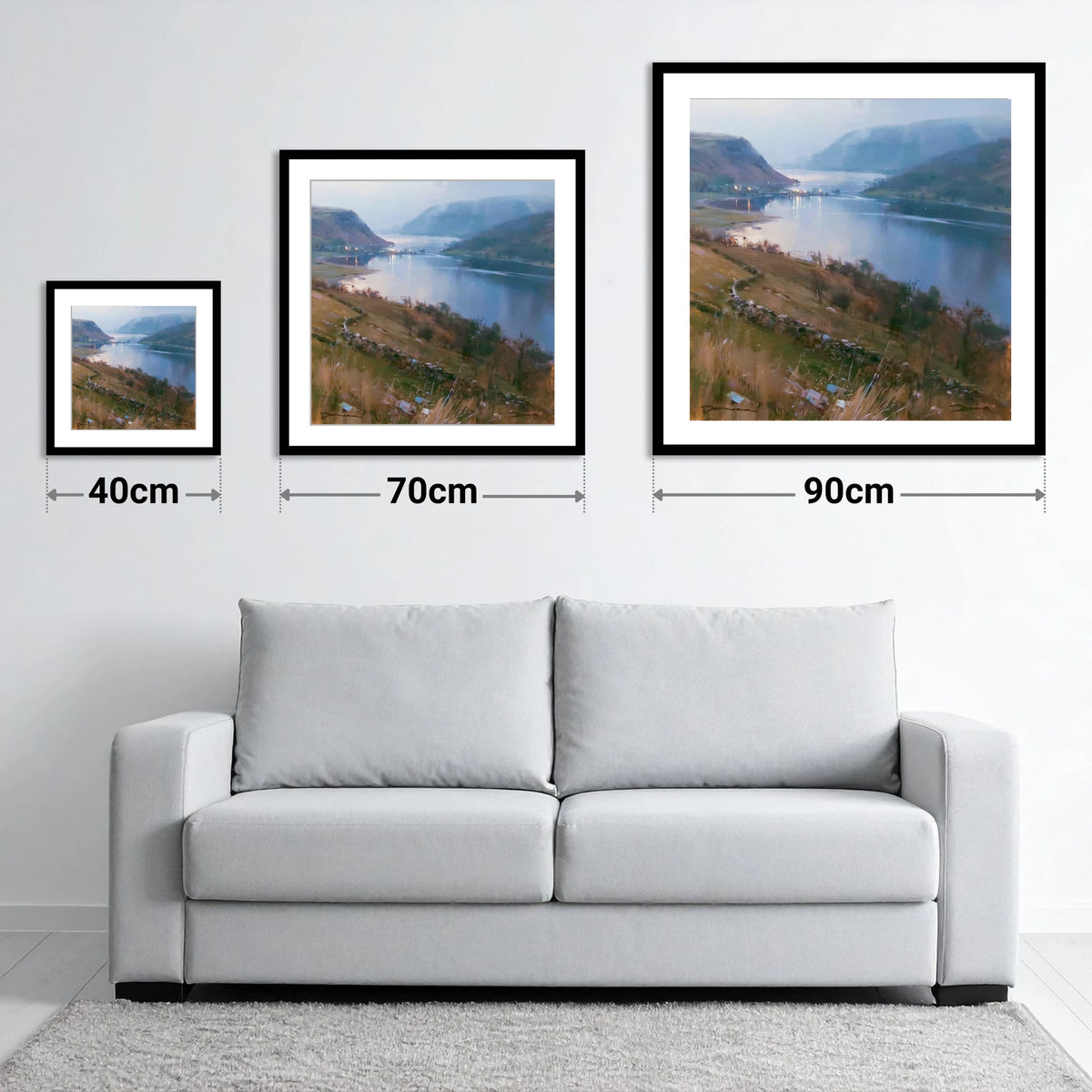 Pooley Bridge Twilight Over Ullswater - size guide showing 40cm, 70cm and 90cm art prints