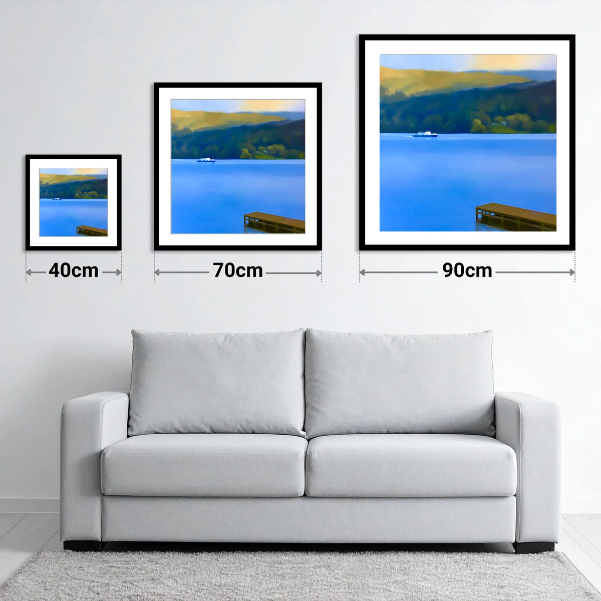 Jetty on Blue Coniston Water - size guide showing 40cm, 70cm and 90cm art prints