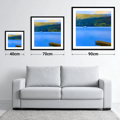 Jetty on Blue Coniston Water - size guide showing 40cm, 70cm and 90cm art prints