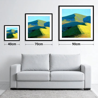 Vibrant Sunlight on Great Cockup - size guide showing 40cm, 70cm and 90cm art prints
