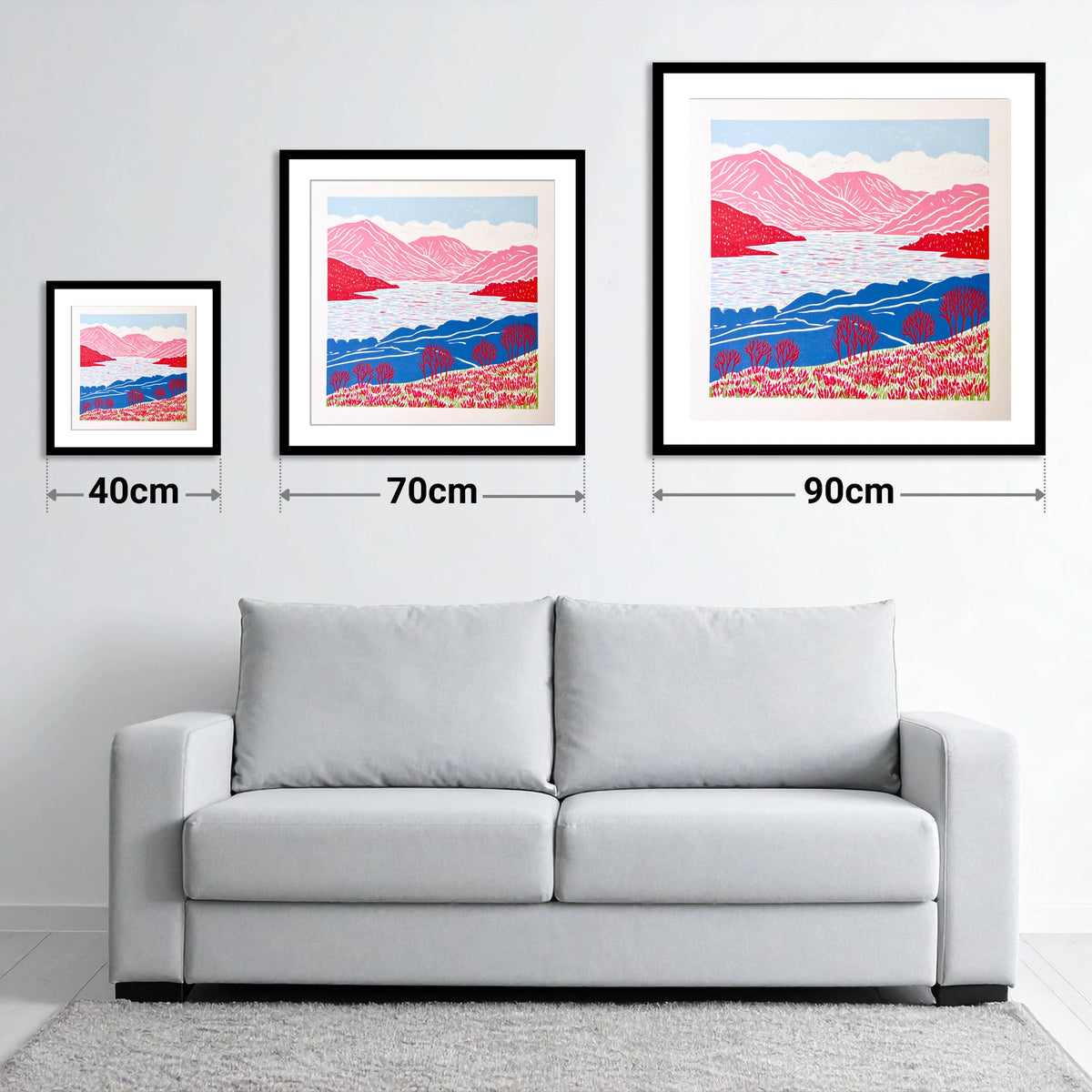 Bold Pink Fells Above Ennerdale - size guide showing 40cm, 70cm and 90cm art prints