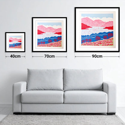 Bold Pink Fells Above Ennerdale - size guide showing 40cm, 70cm and 90cm art prints