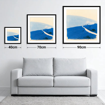 Walkers on a Blue Mountain Path - size guide showing 40cm, 70cm and 90cm art prints