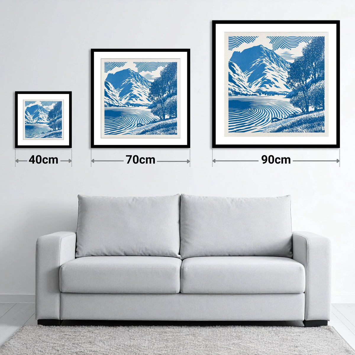 Cobalt Blue Buttermere Landscape - size guide showing 40cm, 70cm and 90cm art prints