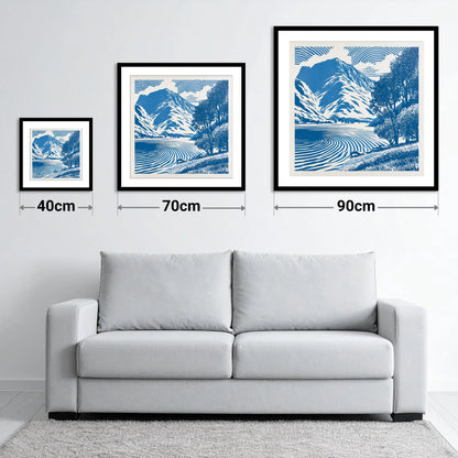 Cobalt Blue Buttermere Landscape - size guide showing 40cm, 70cm and 90cm art prints