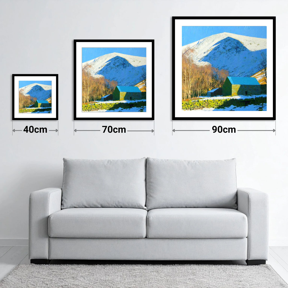 Snowy Bowscale Fell and Stone Barn - size guide showing 40cm, 70cm and 90cm art prints