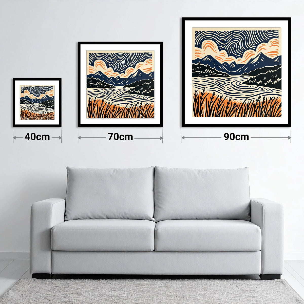 Coniston Water Under Swirling Skies - size guide showing 40cm, 70cm and 90cm art prints