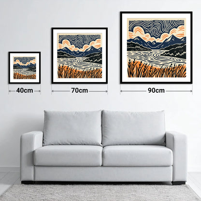 Coniston Water Under Swirling Skies - size guide showing 40cm, 70cm and 90cm art prints