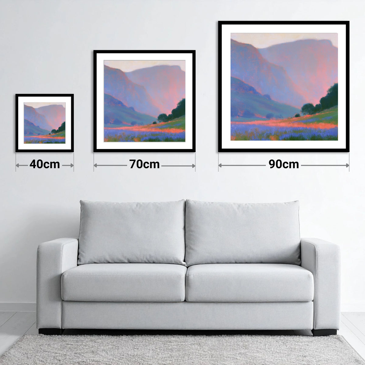 Pink Light Over Valley Fells - size guide showing 40cm, 70cm and 90cm art prints