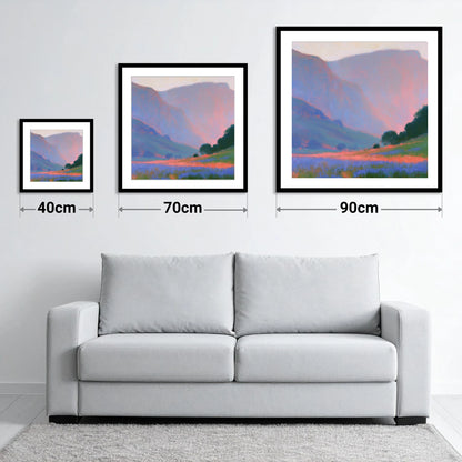 Pink Light Over Valley Fells - size guide showing 40cm, 70cm and 90cm art prints
