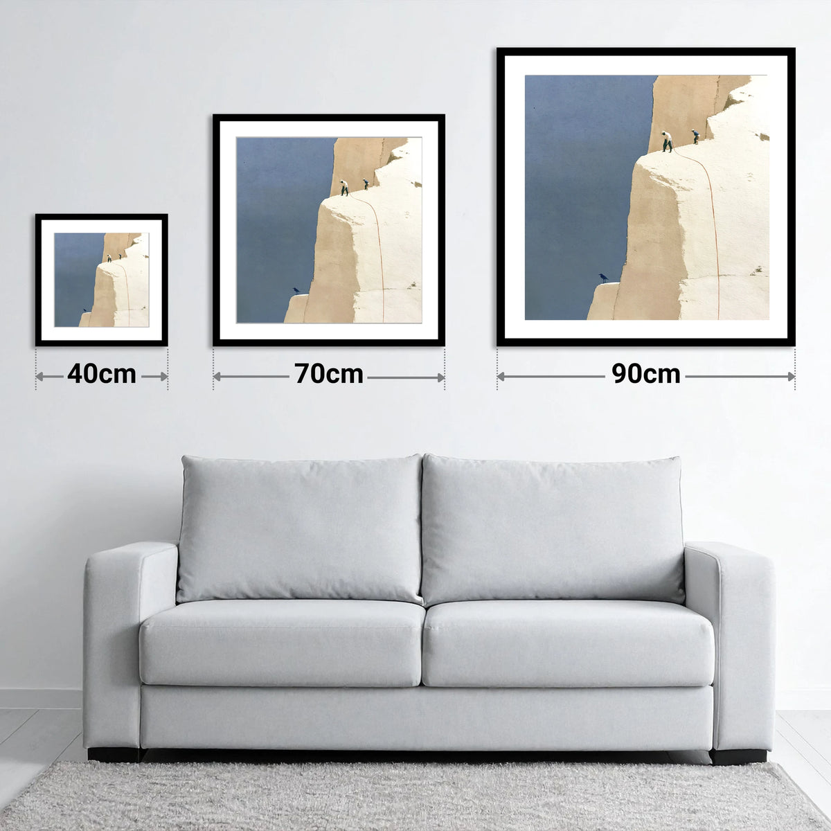 Climbers on High White Fell Ledges - size guide showing 40cm, 70cm and 90cm art prints