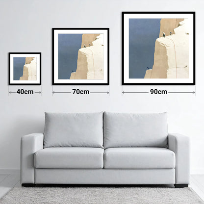 Climbers on High White Fell Ledges - size guide showing 40cm, 70cm and 90cm art prints
