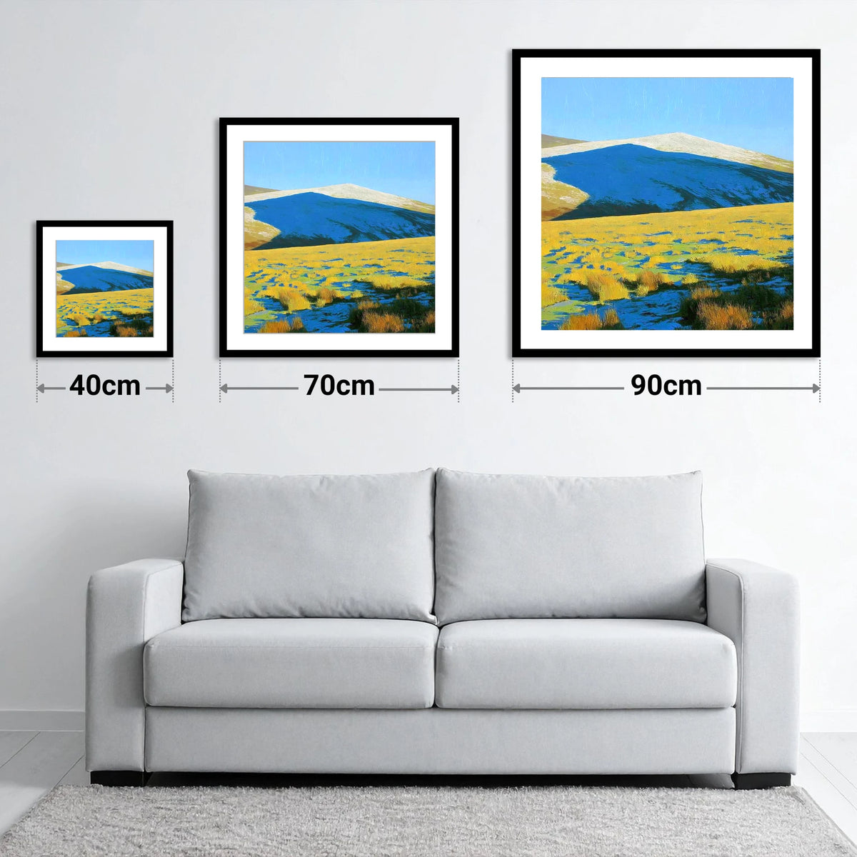 Frosted Knott Above Sunlit Moorland - size guide showing 40cm, 70cm and 90cm art prints