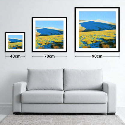 Frosted Knott Above Sunlit Moorland - size guide showing 40cm, 70cm and 90cm art prints