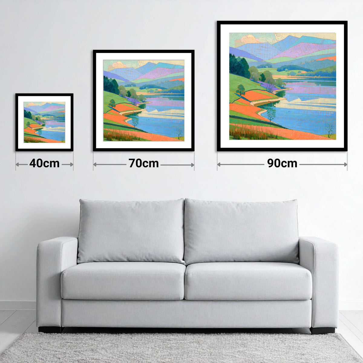 Turquoise Lake And Orange Shores - size guide showing 40cm, 70cm and 90cm art prints