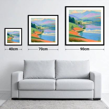 Turquoise Lake And Orange Shores - size guide showing 40cm, 70cm and 90cm art prints