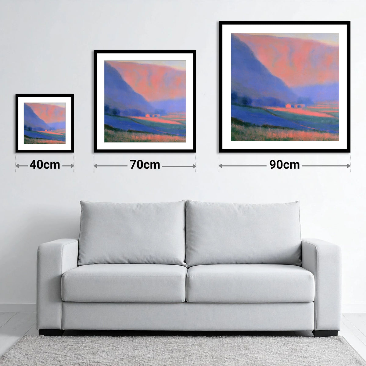 Pink Light on Patchwork Fields - size guide showing 40cm, 70cm and 90cm art prints