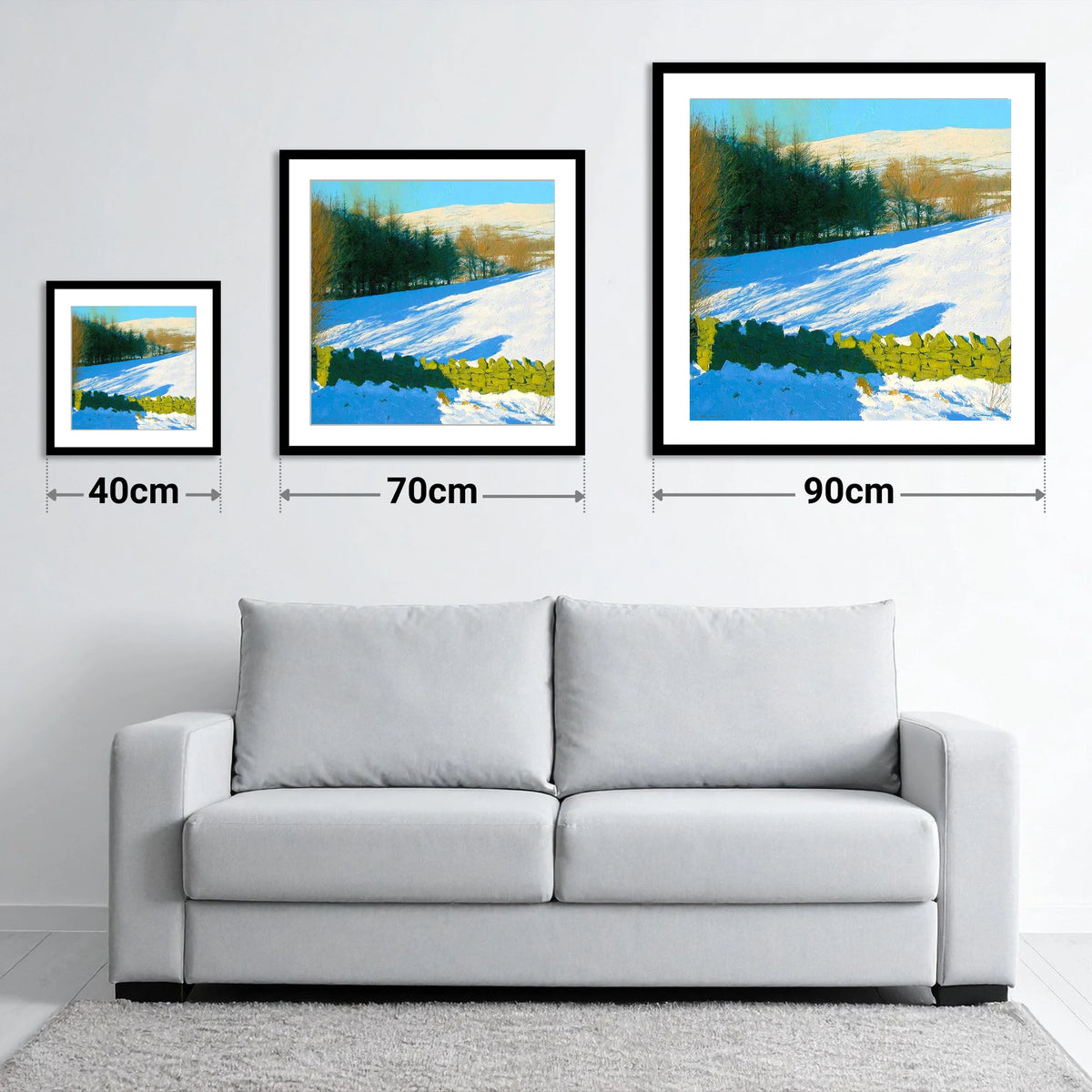 Winter Snow on Sallows Ridge - size guide showing 40cm, 70cm and 90cm art prints