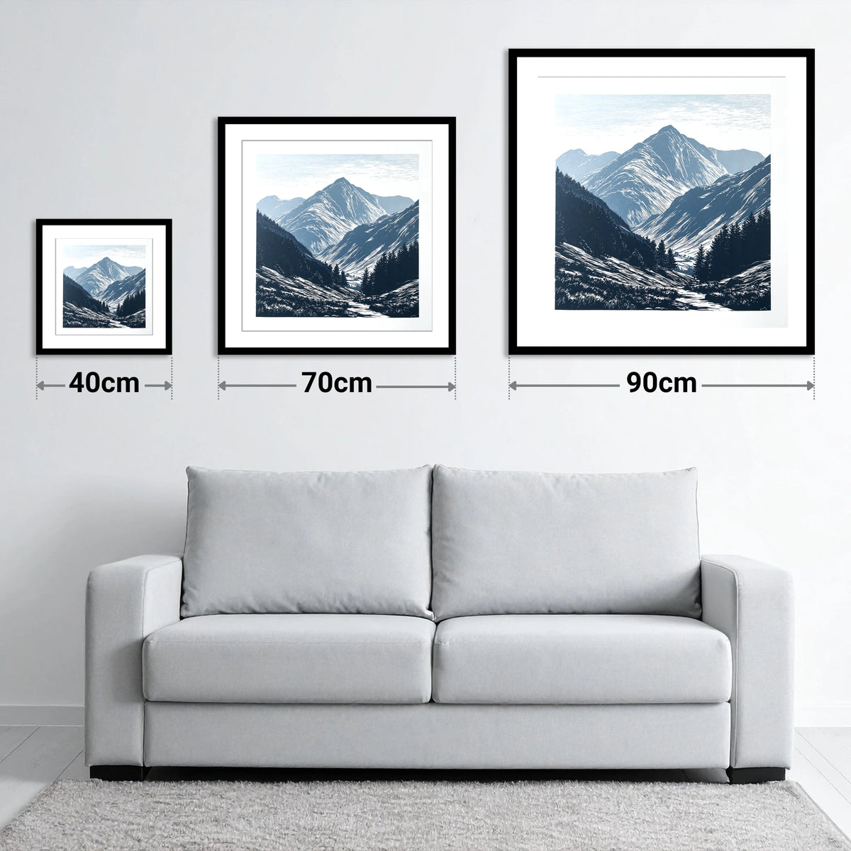 Bowfell Peak in Slate Blue - size guide showing 40cm, 70cm and 90cm art prints