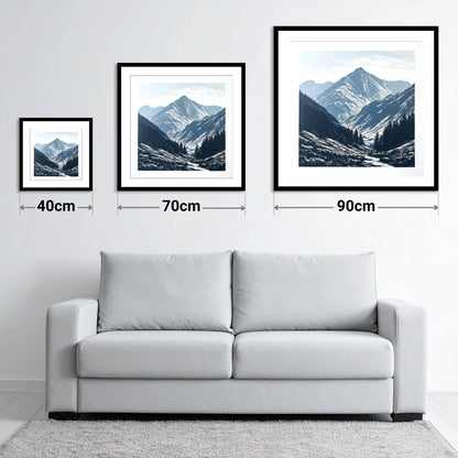 Bowfell Peak in Slate Blue - size guide showing 40cm, 70cm and 90cm art prints