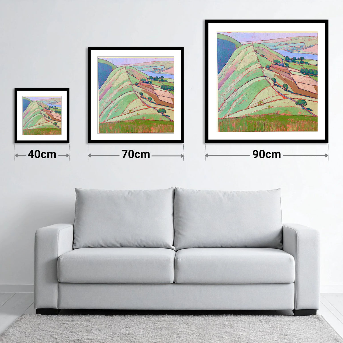 Vibrant Beda Fell Above Patterdale - size guide showing 40cm, 70cm and 90cm art prints