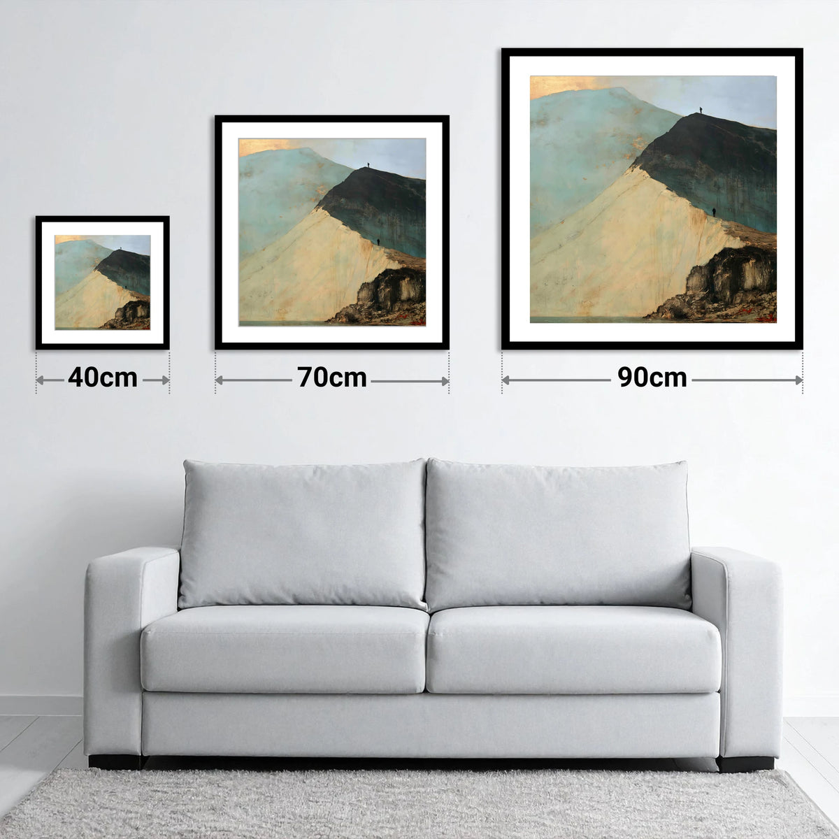 Striding Edge in Slate and Gold - size guide showing 40cm, 70cm and 90cm art prints