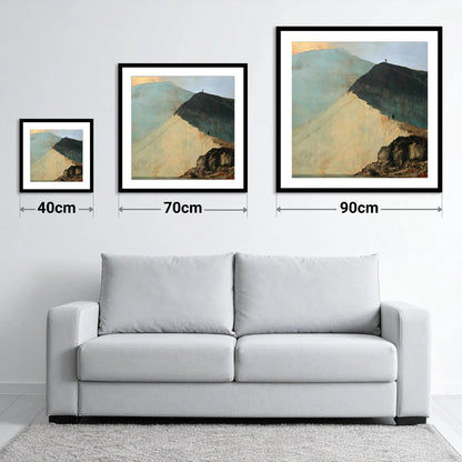 Striding Edge in Slate and Gold - size guide showing 40cm, 70cm and 90cm art prints