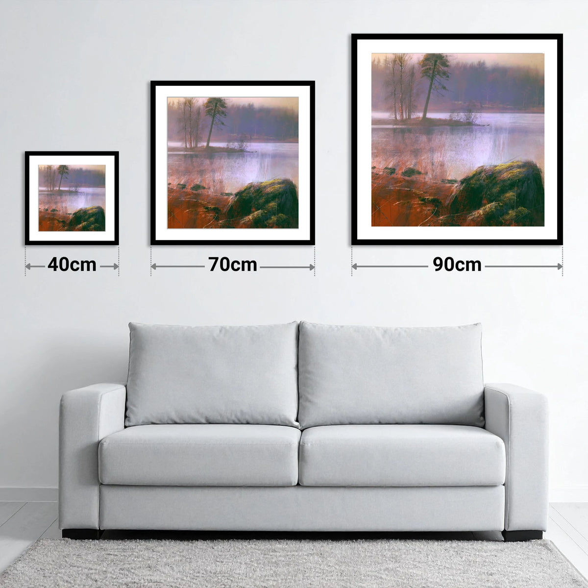 Tarn Hows Island Pine - size guide showing 40cm, 70cm and 90cm art prints