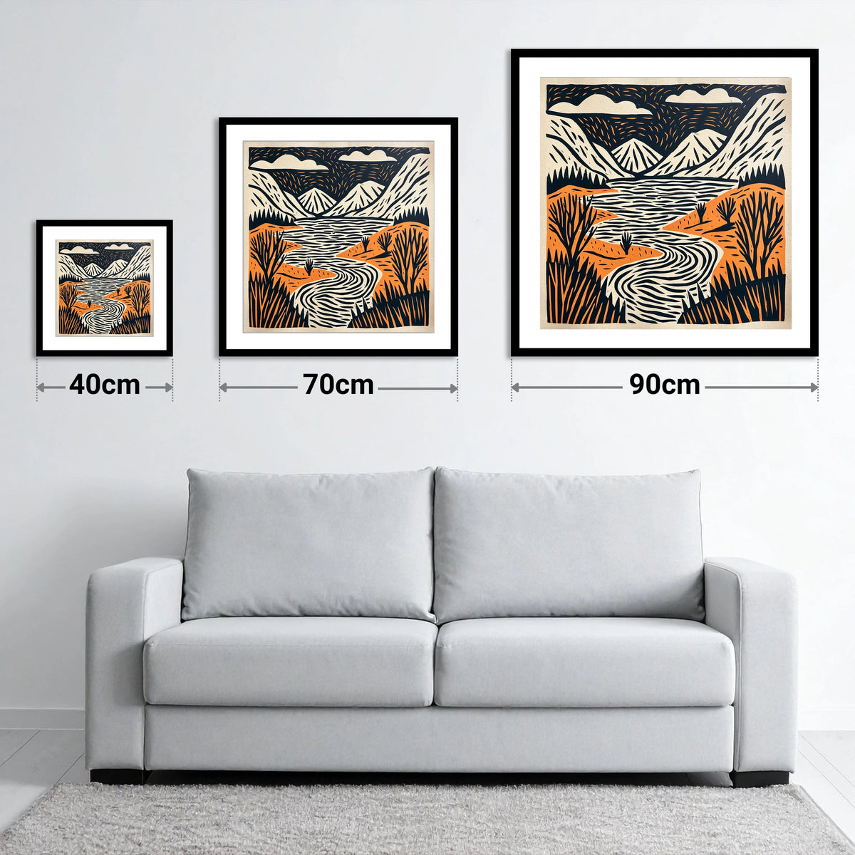 Bold Fells and Winding River - size guide showing 40cm, 70cm and 90cm art prints