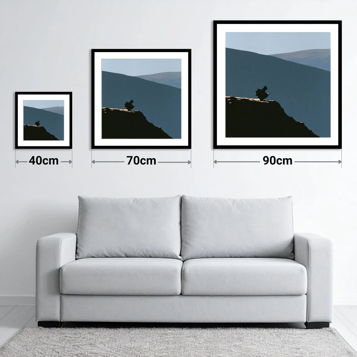 Walker Silhouette on Blencathra Edge - size guide showing 40cm, 70cm and 90cm art prints