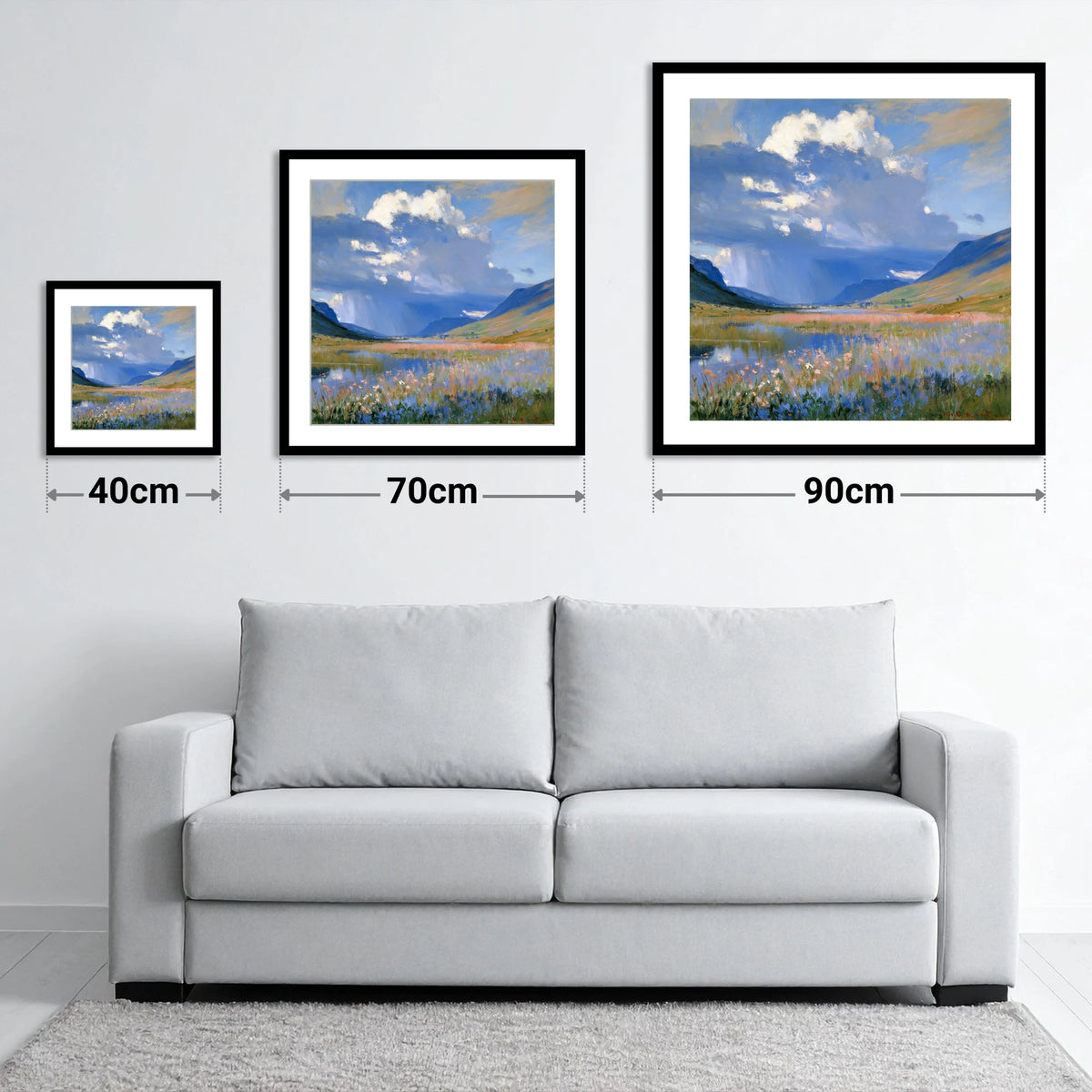 Passing Storm Over the Fells - size guide showing 40cm, 70cm and 90cm art prints