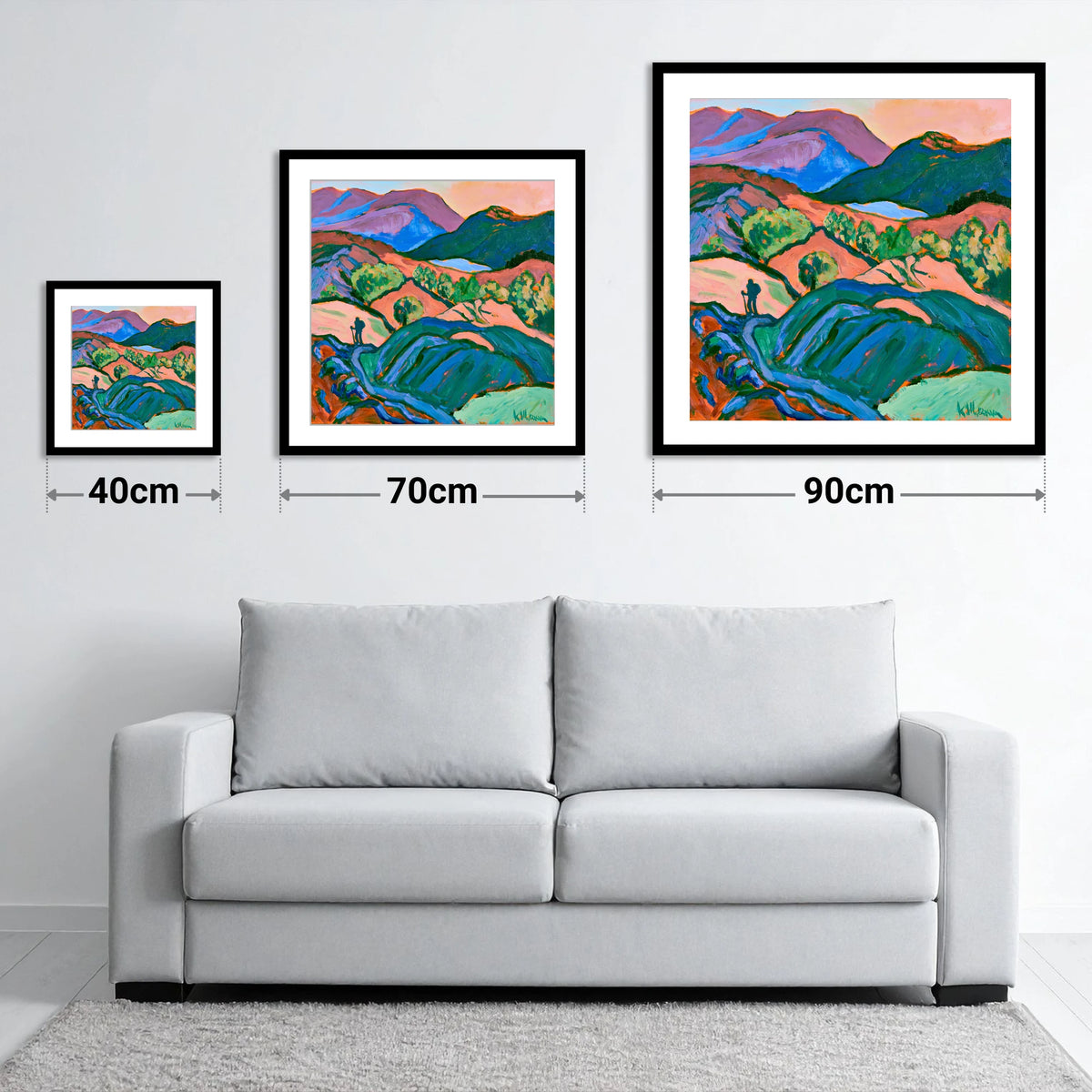 Hiker Silhouette in Vibrant Fells - size guide showing 40cm, 70cm and 90cm art prints